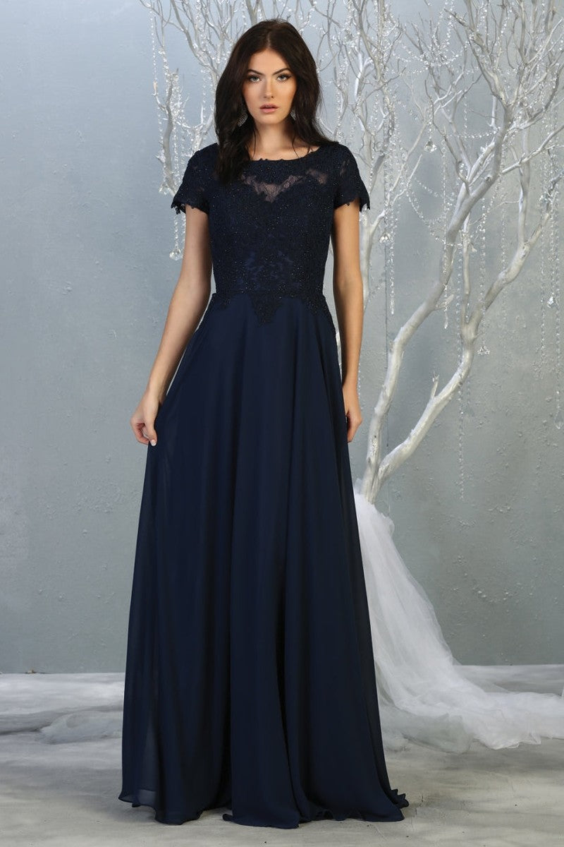 Navy Short Sleeve Jeweled Applique A-line Dress
