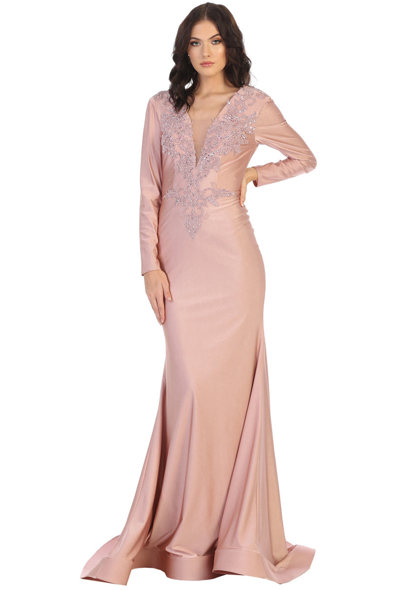 Beaded Appliqued Plunging Bodice Trumpet Gown | MQ1772-20