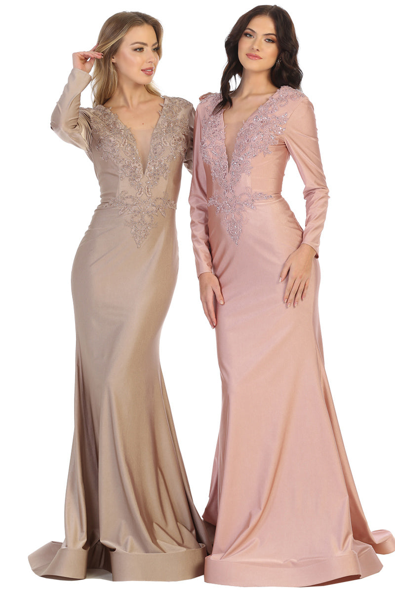 Beaded Appliqued Plunging Bodice Trumpet Gown | MQ1772-20
