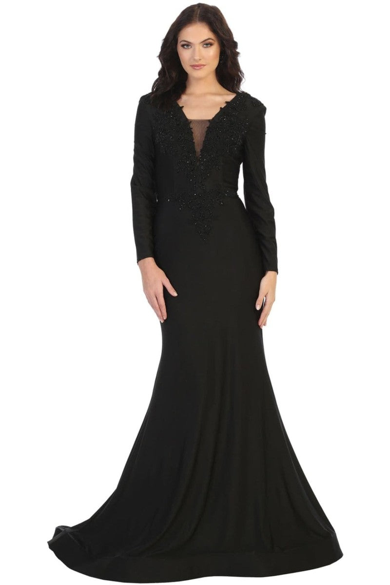 Black Beaded Appliqued Plunging Bodice Trumpet Gown