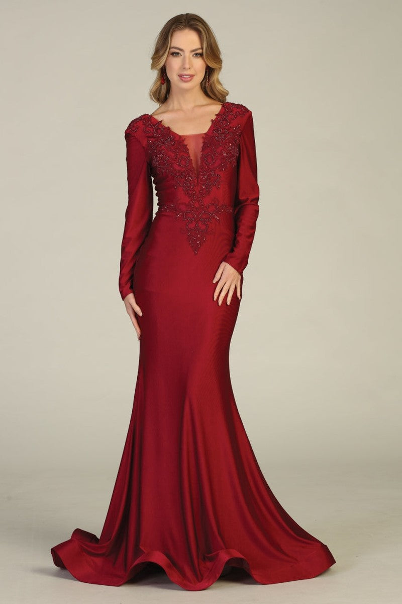 Burgundy Beaded Appliqued Plunging Bodice Trumpet Gown