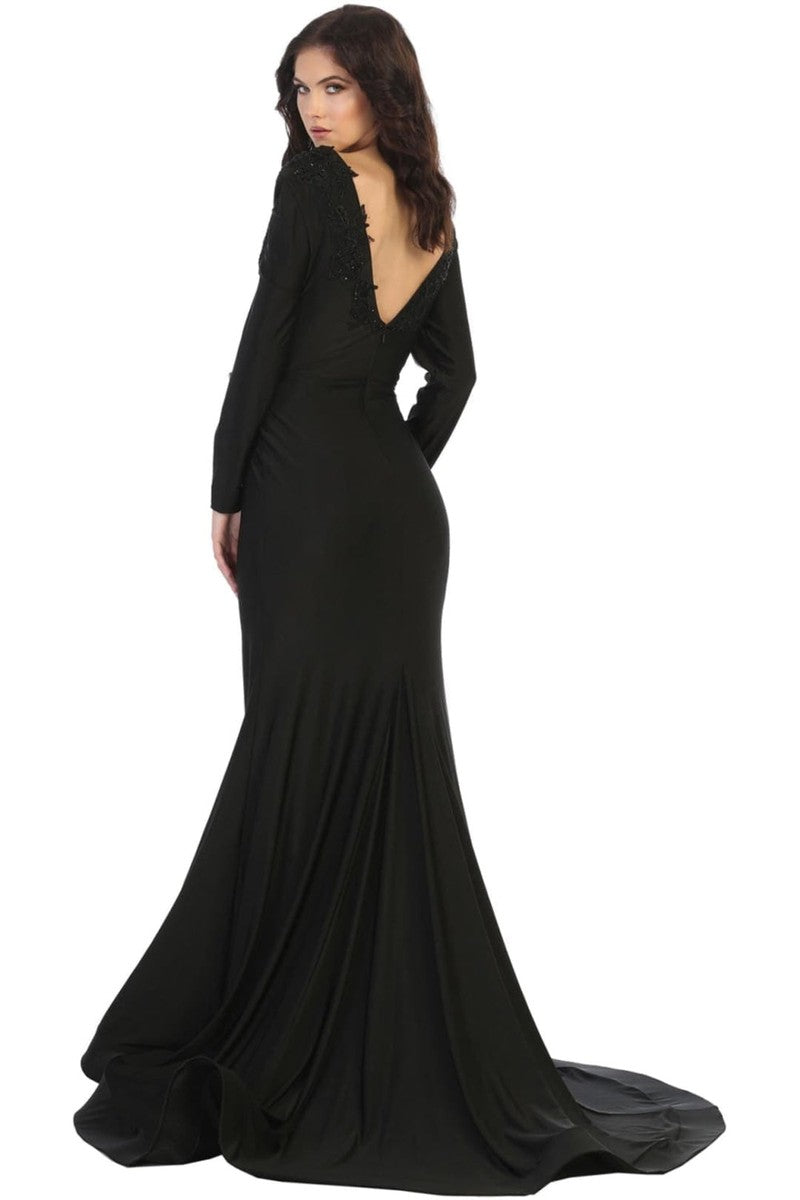 Beaded Appliqued Plunging Bodice Trumpet Gown