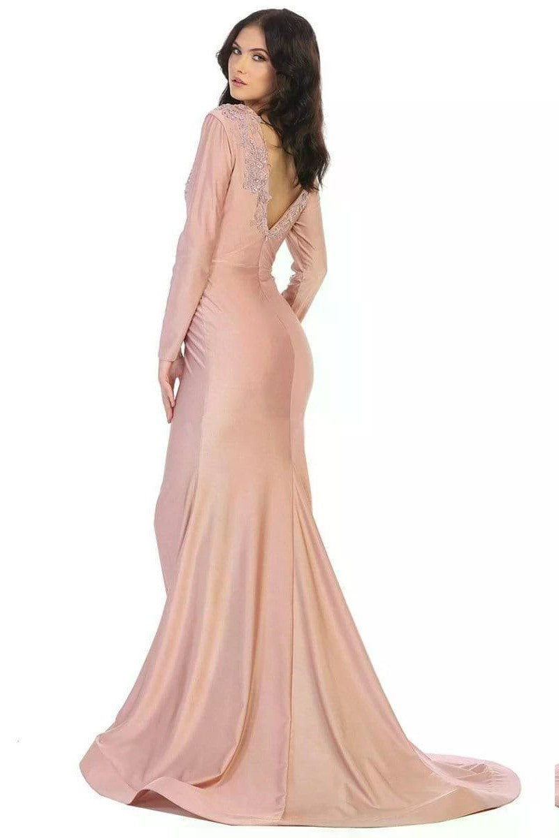 Beaded Appliqued Plunging Bodice Trumpet Gown