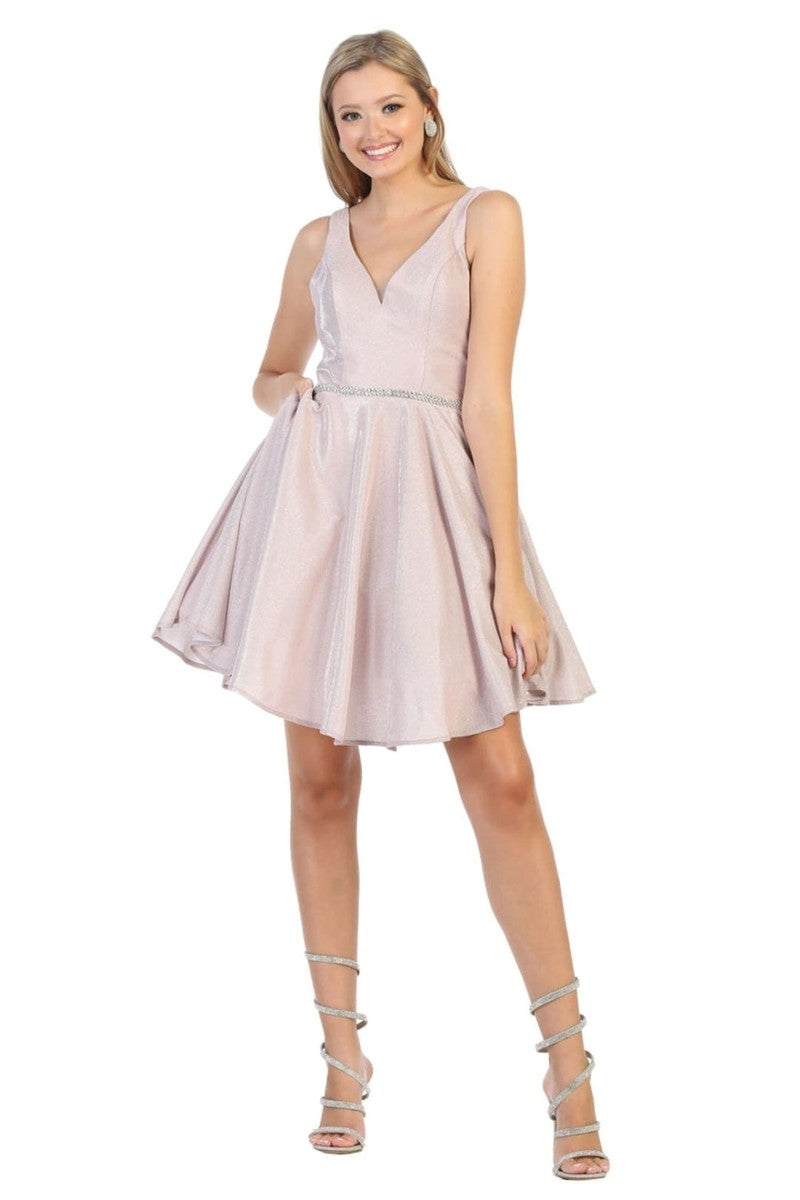Pink Sleeveless V-neck Glitter A-line Dress