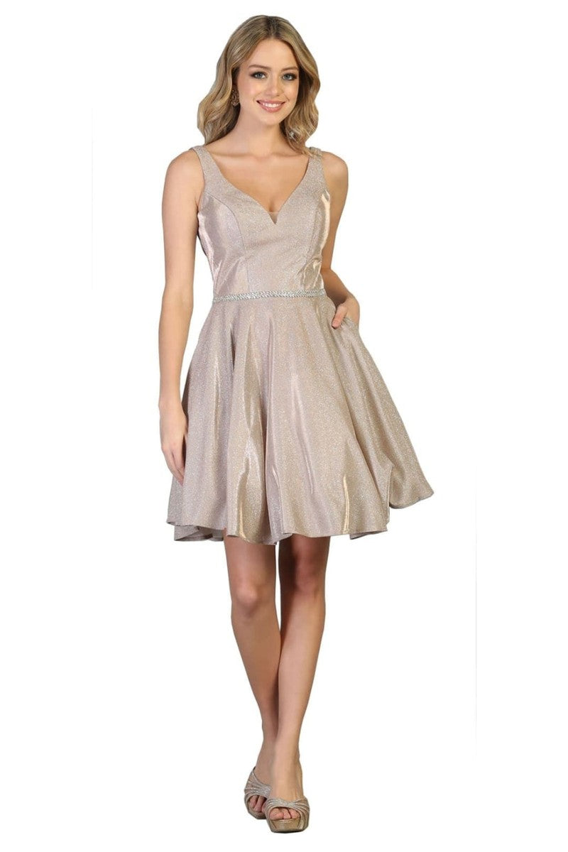 Rose Gold Sleeveless V-neck Glitter A-line Dress