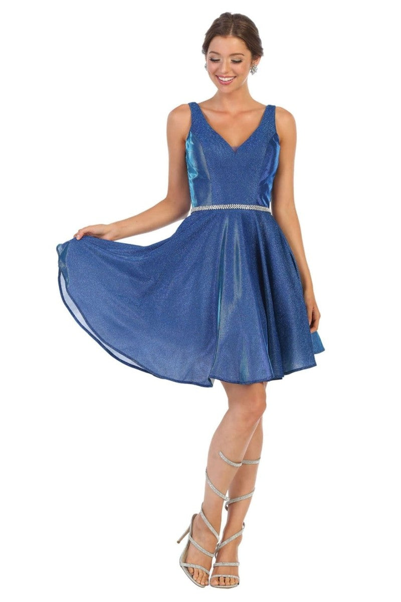 Royal Blue Sleeveless V-neck Glitter A-line Dress