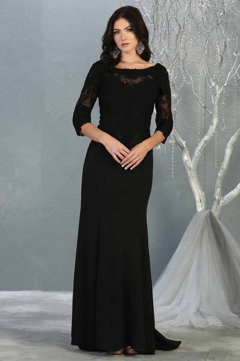 Sheer Quarter Sleeve Appliqued Trumpet Dress | MQ1810-MOB