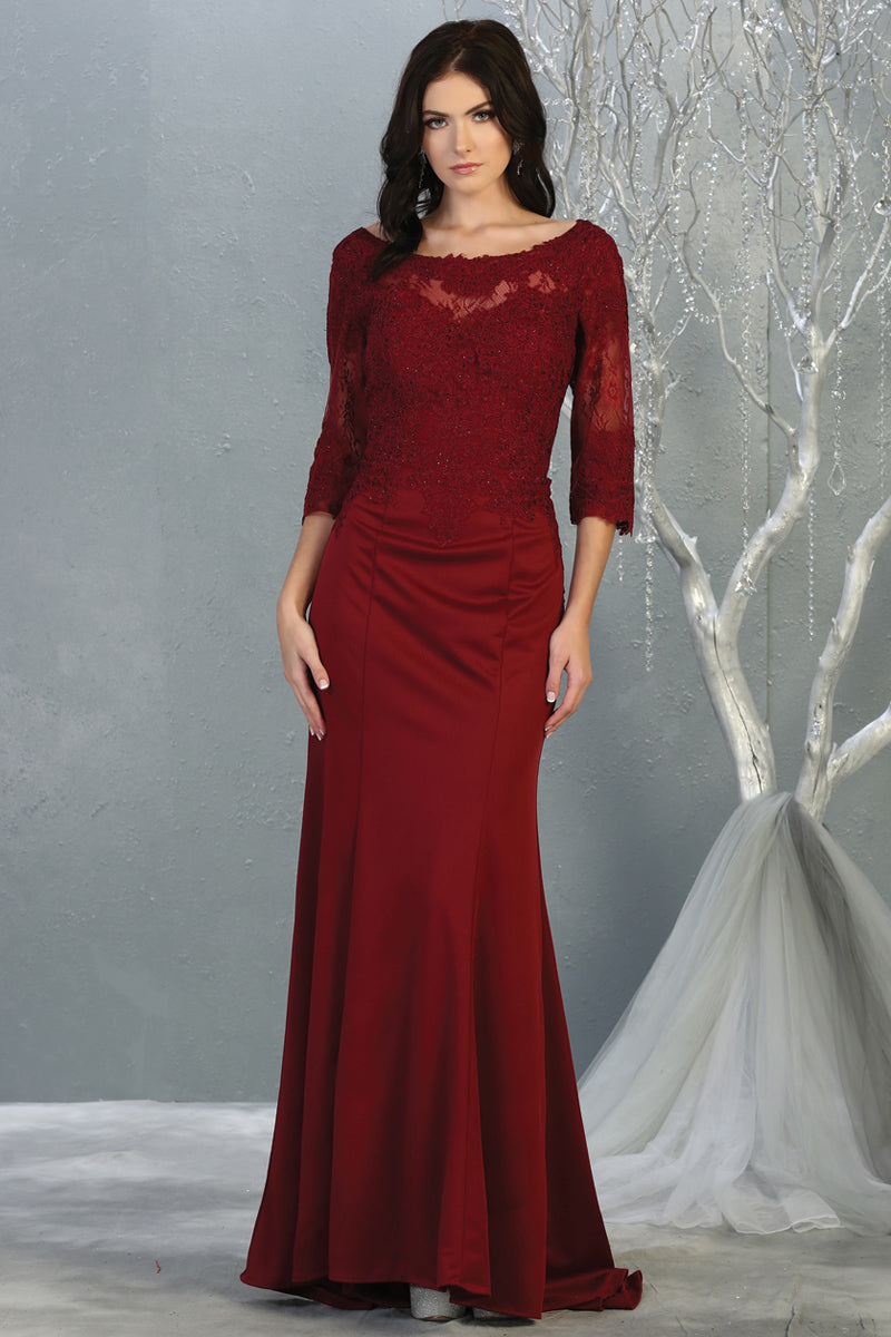 Sheer Quarter Sleeve Appliqued Trumpet Dress | MQ1810-MOB