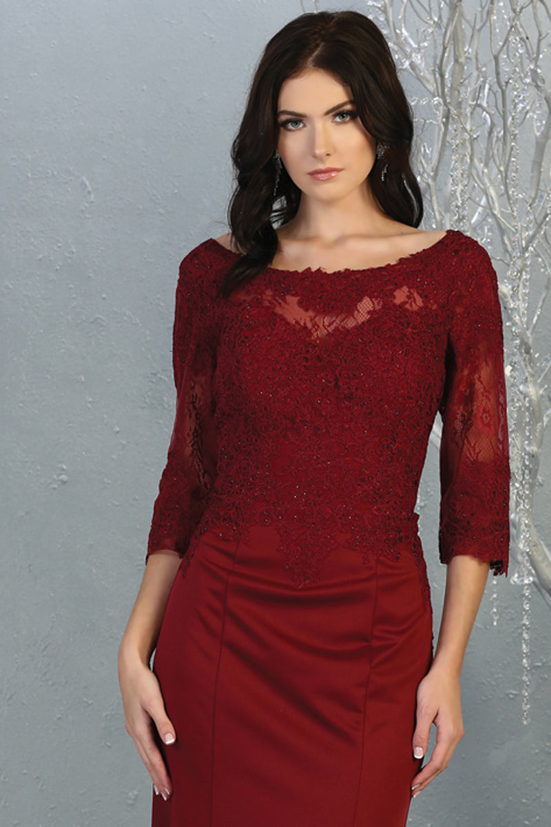 Sheer Quarter Sleeve Appliqued Trumpet Dress | MQ1810-MOB