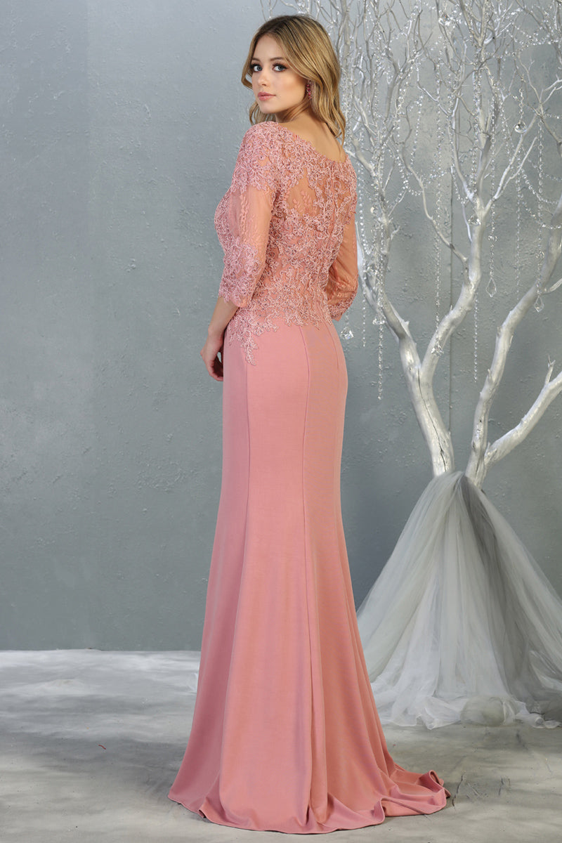 Sheer Quarter Sleeve Appliqued Trumpet Dress | MQ1810-MOB