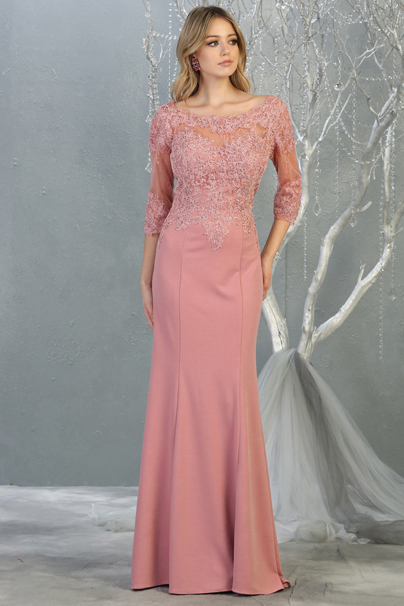 Sheer Quarter Sleeve Appliqued Trumpet Dress | MQ1810-MOB