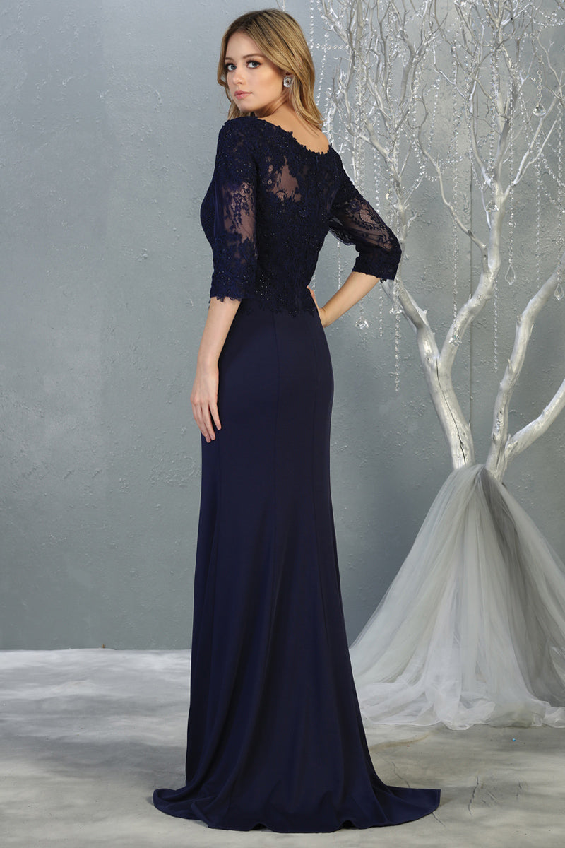 Sheer Quarter Sleeve Appliqued Trumpet Dress | MQ1810-MOB