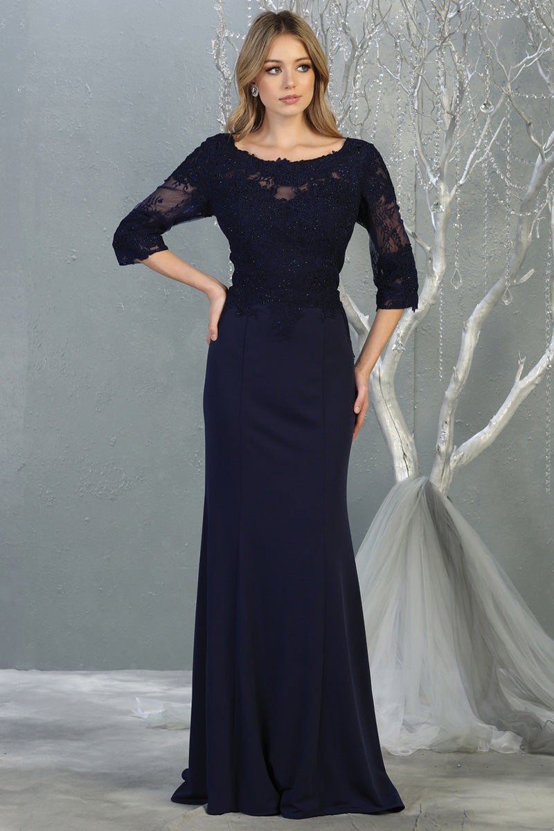 Sheer Quarter Sleeve Appliqued Trumpet Dress | MQ1810-MOB