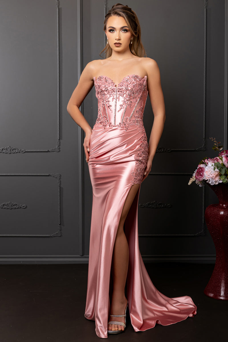 MQ2207-LF | Strapless Trendy Sweetheart Stretch Satin Dress