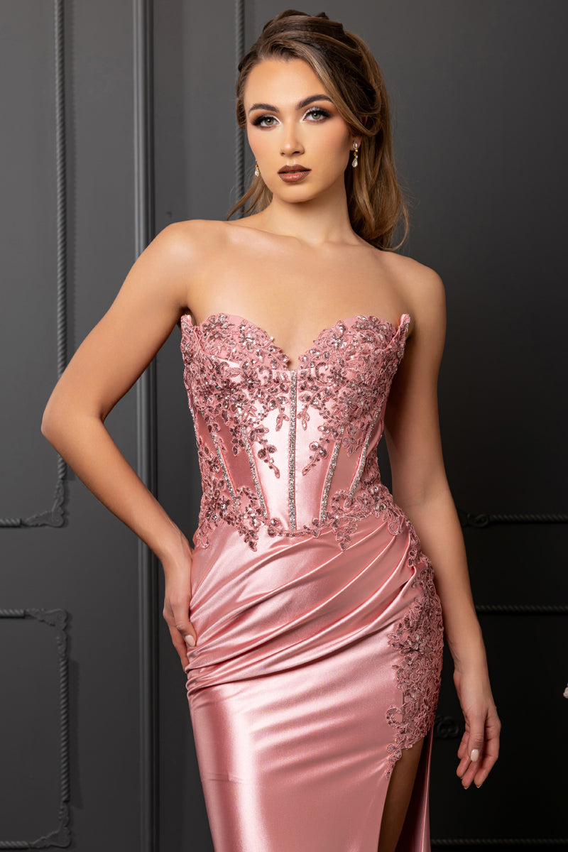 MQ2207-LF | Strapless Trendy Sweetheart Stretch Satin Dress
