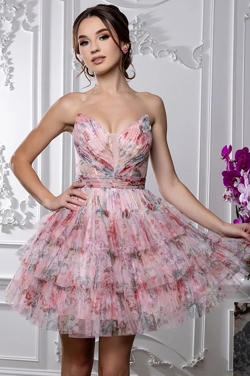 Plunging V-Neck Floral Tiered Cocktail Dress | MQ2214-PRINT