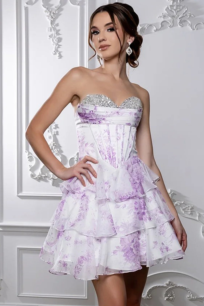 Printed Sweetheart Cocktail Dress with Beaded Trim | MQ2215-18