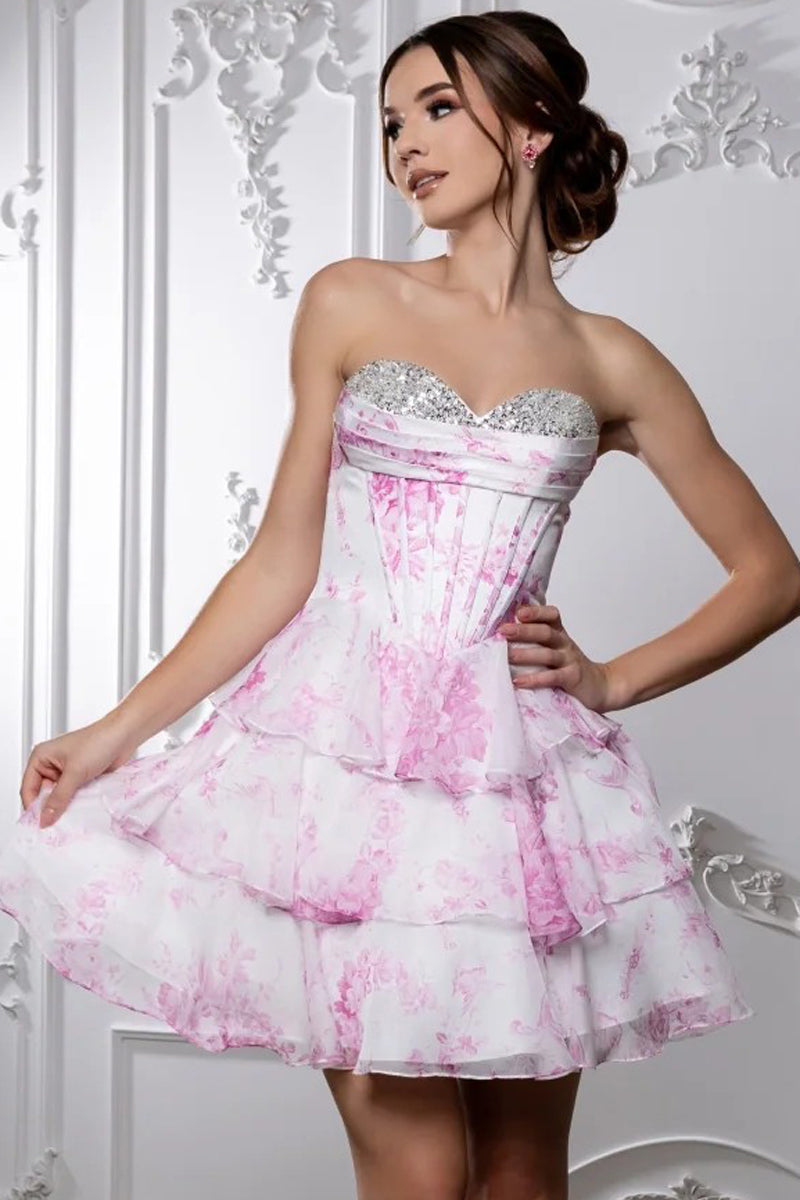 Printed Sweetheart Cocktail Dress with Beaded Trim | MQ2215-18