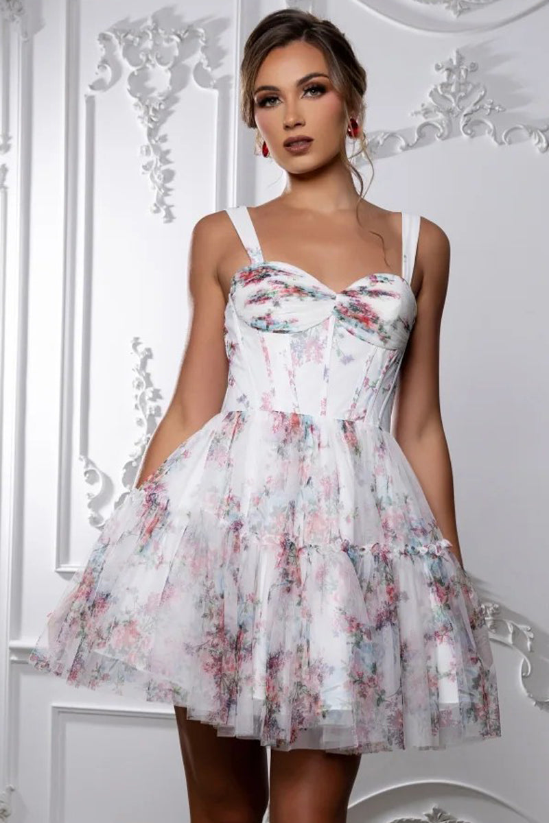 Wide Strap Floral Print A-Line Short Dress | MQ2216-18