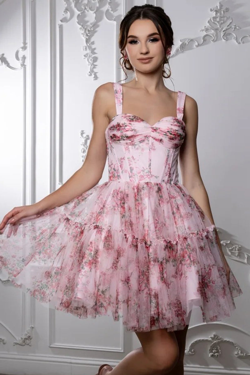 Wide Strap Floral Print A-Line Short Dress | MQ2216-18