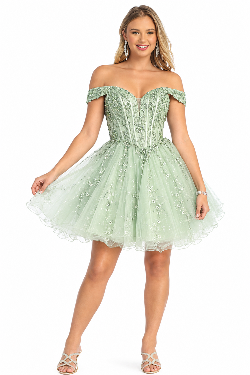 Off Shoulder Corset Lace Short Tulle A Line Prom Dress | CQ50474