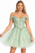 Off Shoulder Corset Lace Short Tulle A Line Prom Dress | CQ50474