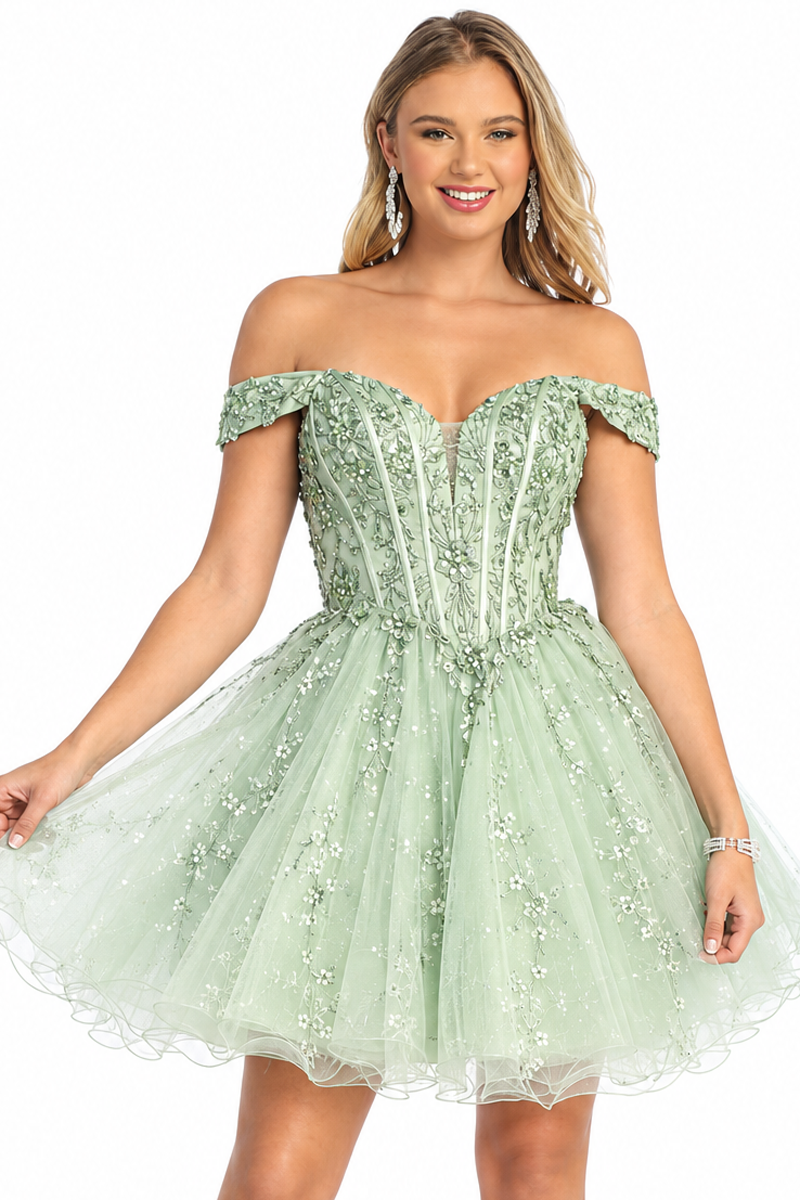 Off Shoulder Corset Lace Short Tulle A Line Prom Dress | CQ50474