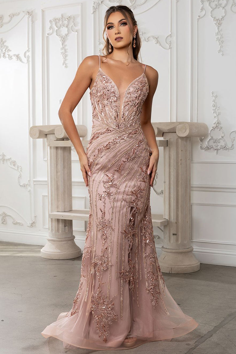 RQ8213-20-LF | Strapless Plunging Neckline Beaded Corset Gown
