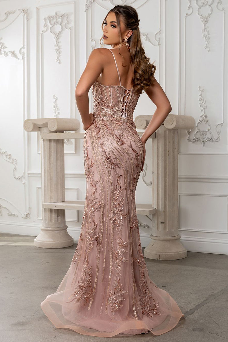 RQ8213-20-LF | Strapless Plunging Neckline Beaded Corset Gown