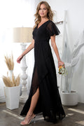 283-442-5X-W-BM | Ruffle Sleeve Chiffon Bridesmaid Dress