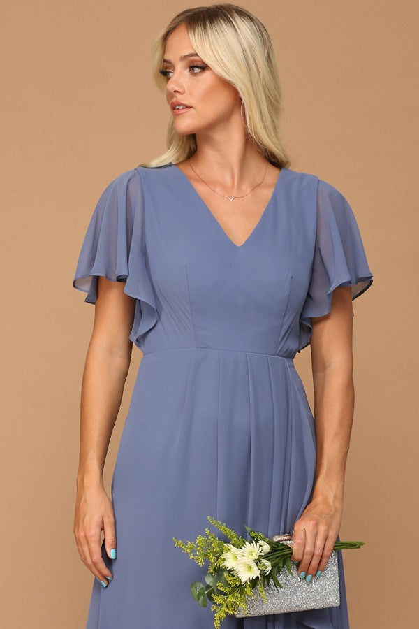 283-442-5X-W-BM | Ruffle Sleeve Chiffon Bridesmaid Dress