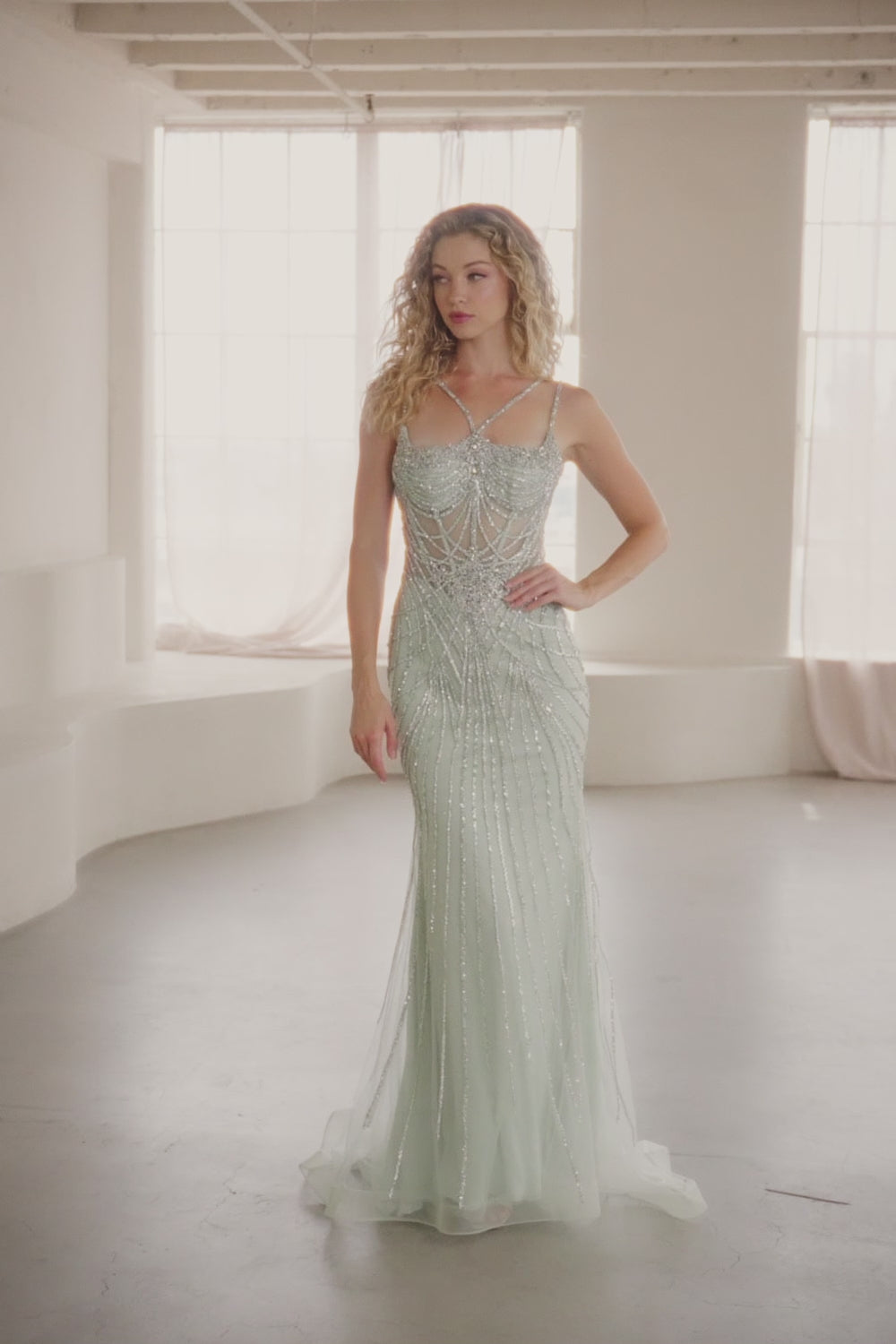 2136-LF | Sleeveless Heavy Bead Work Mermaid Dress