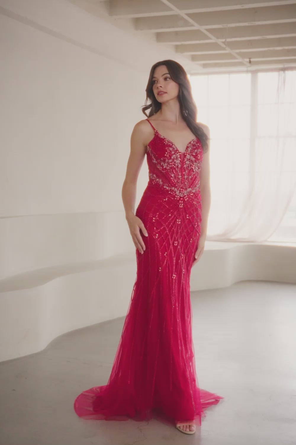 2135-LF | Sleeveless Plunging Neckline Embellished Fitted Dr