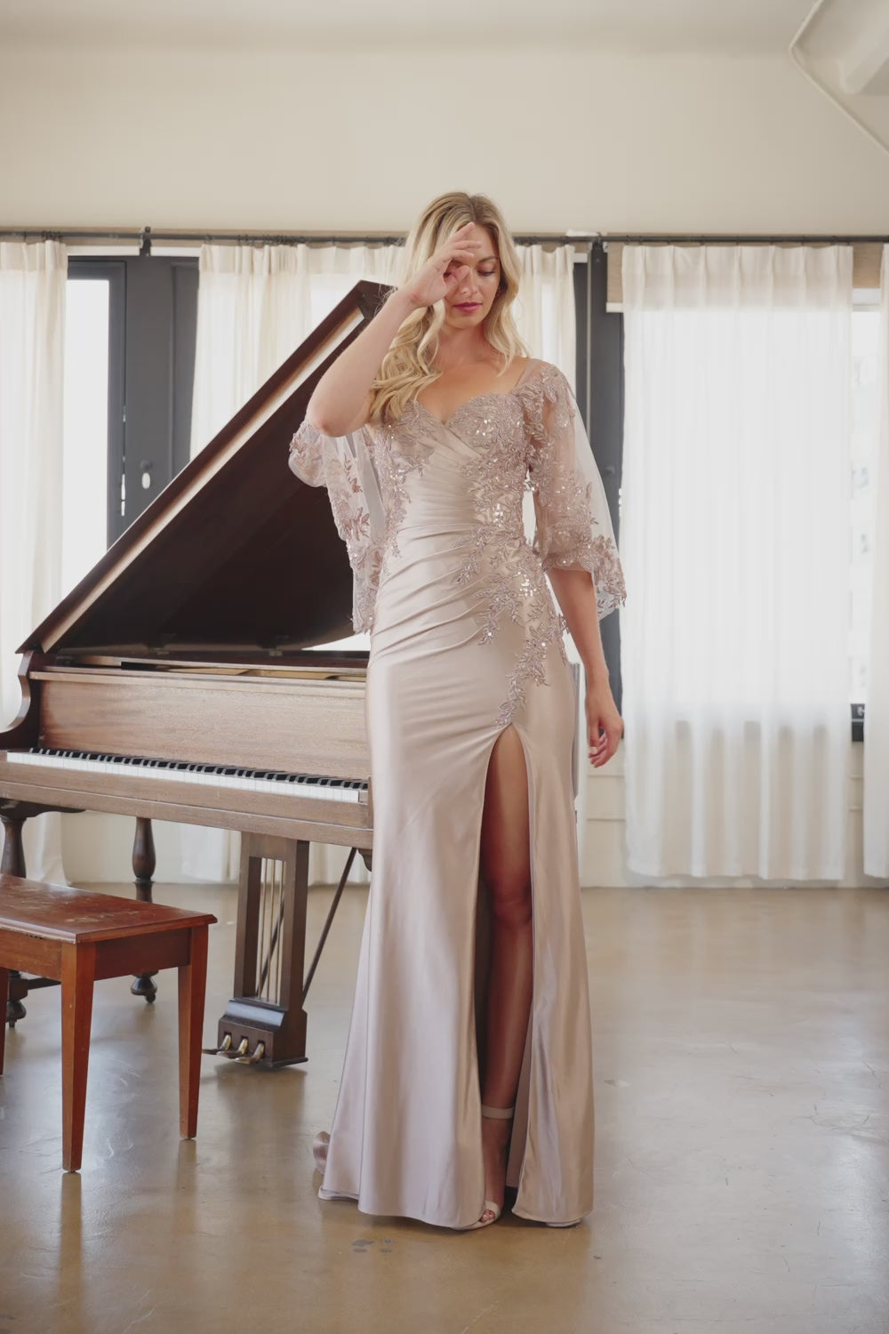 8073-20-MOB | Elegant Flutter-Sleeve Lace Evening Gown
