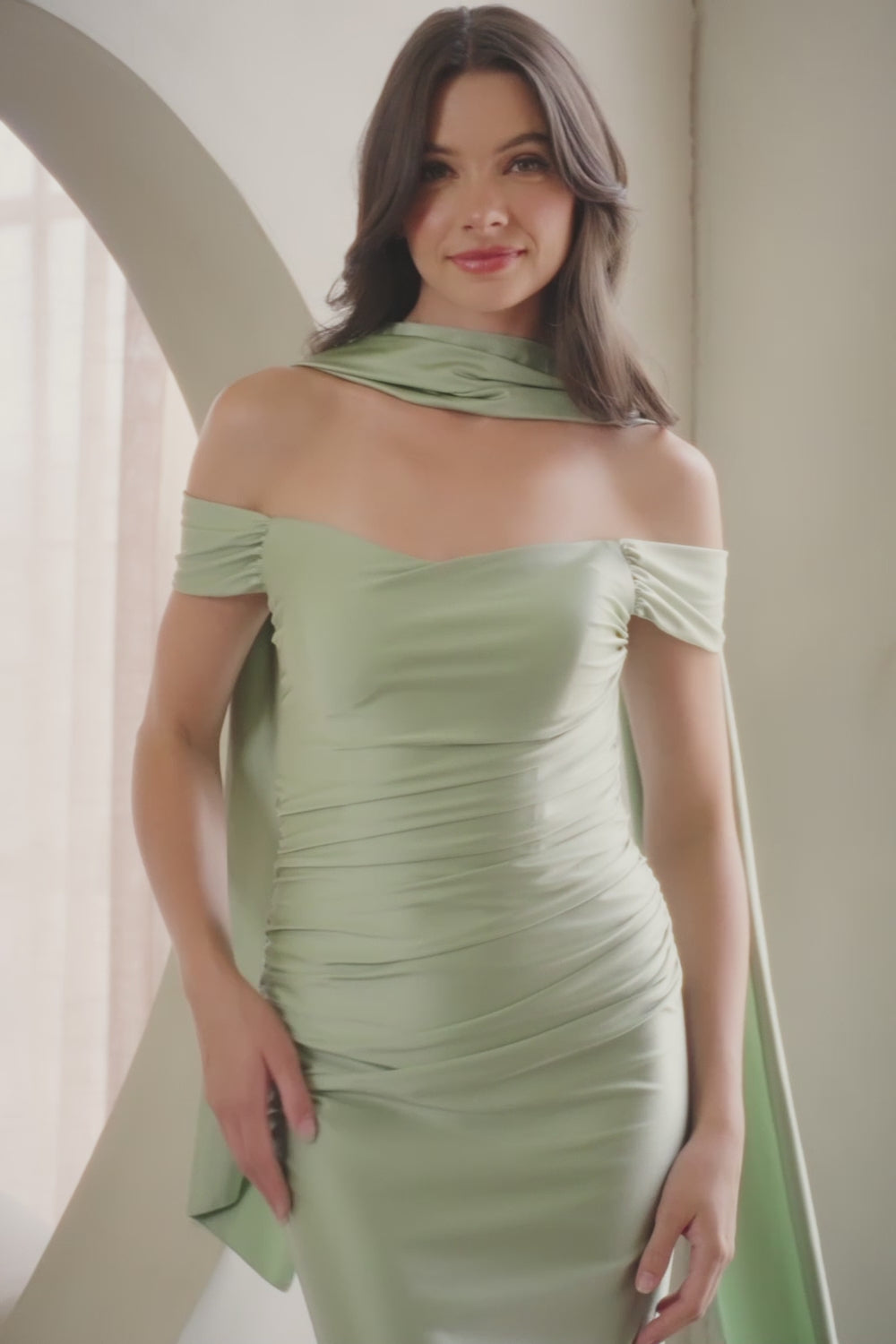 3101-LF | Off Shoulder Bateau Neck Satin Dress w/ Scarf