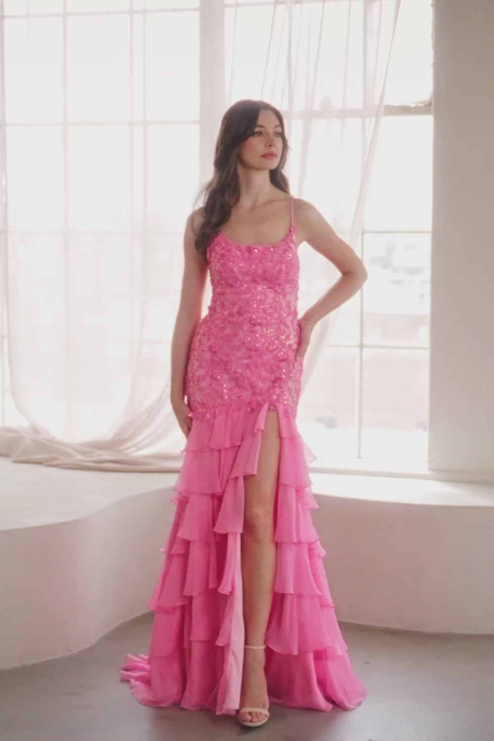 7085-LF-RUFFLE | Sleeveless Bateau Neckline Ruffle Skirt Dress