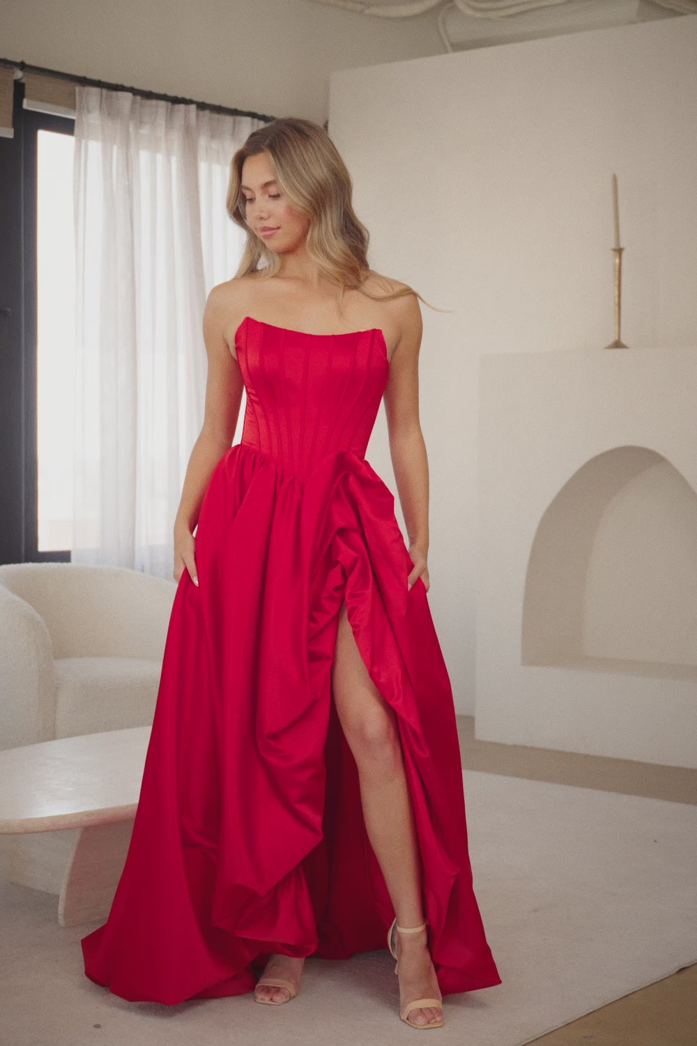 2085-BUBBLE | Strapless Structured A-Line Gown with Floral Accent