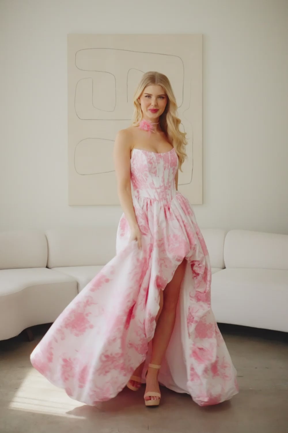 2079-JACQ-NBAND | Strapless Bateau Neck Bubble Hem Jacquard Dress