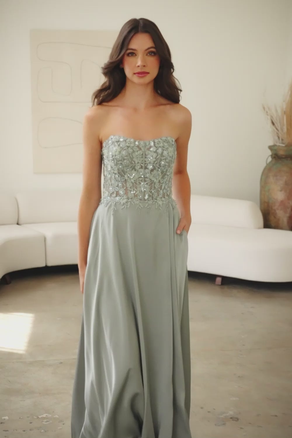 6204-18-LA | Strapless Bead Lace Top A Line Dress