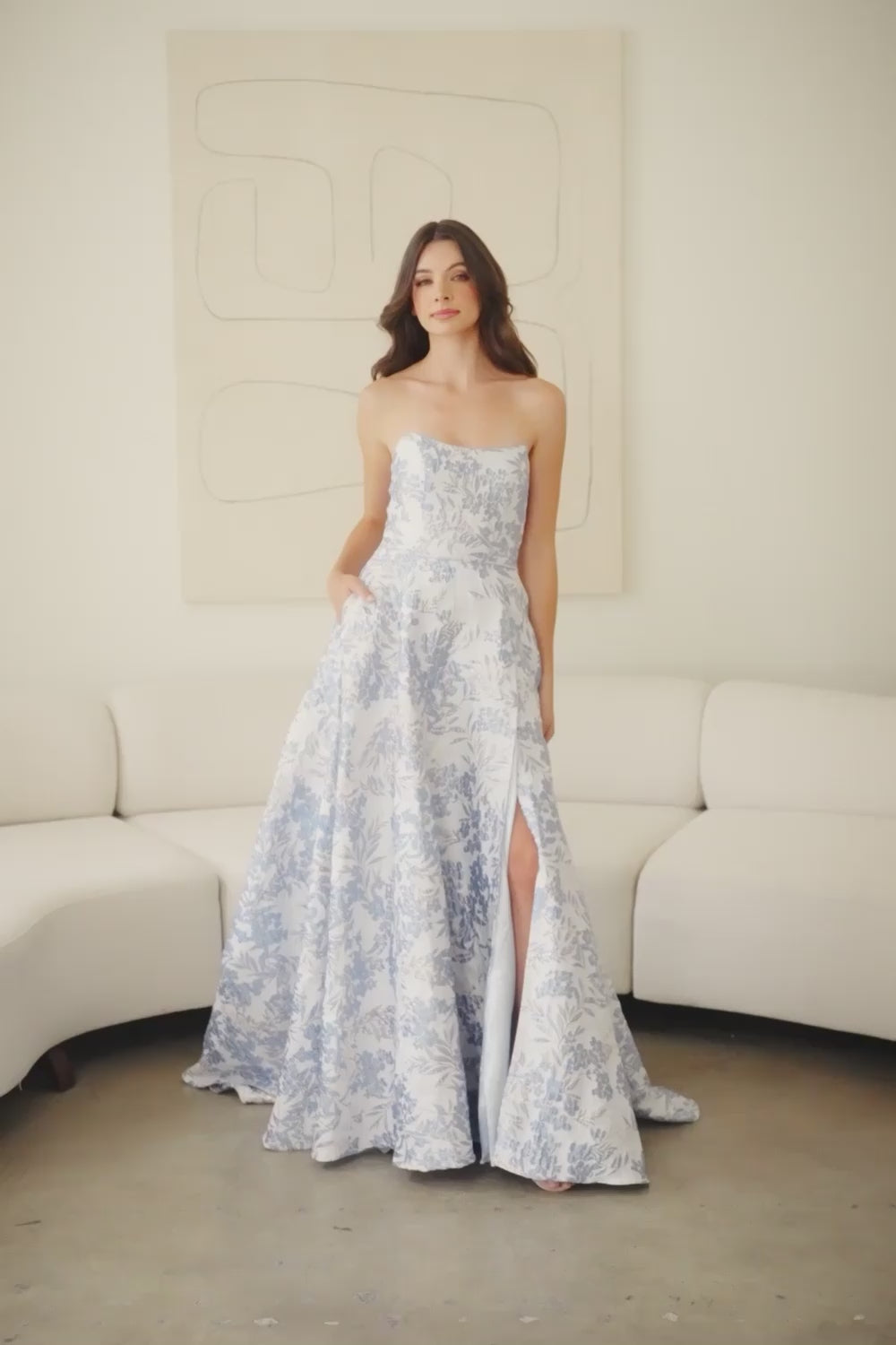 7084-LA-JACQ | Strapless Bateau Neckline Jacquard A Line Dress