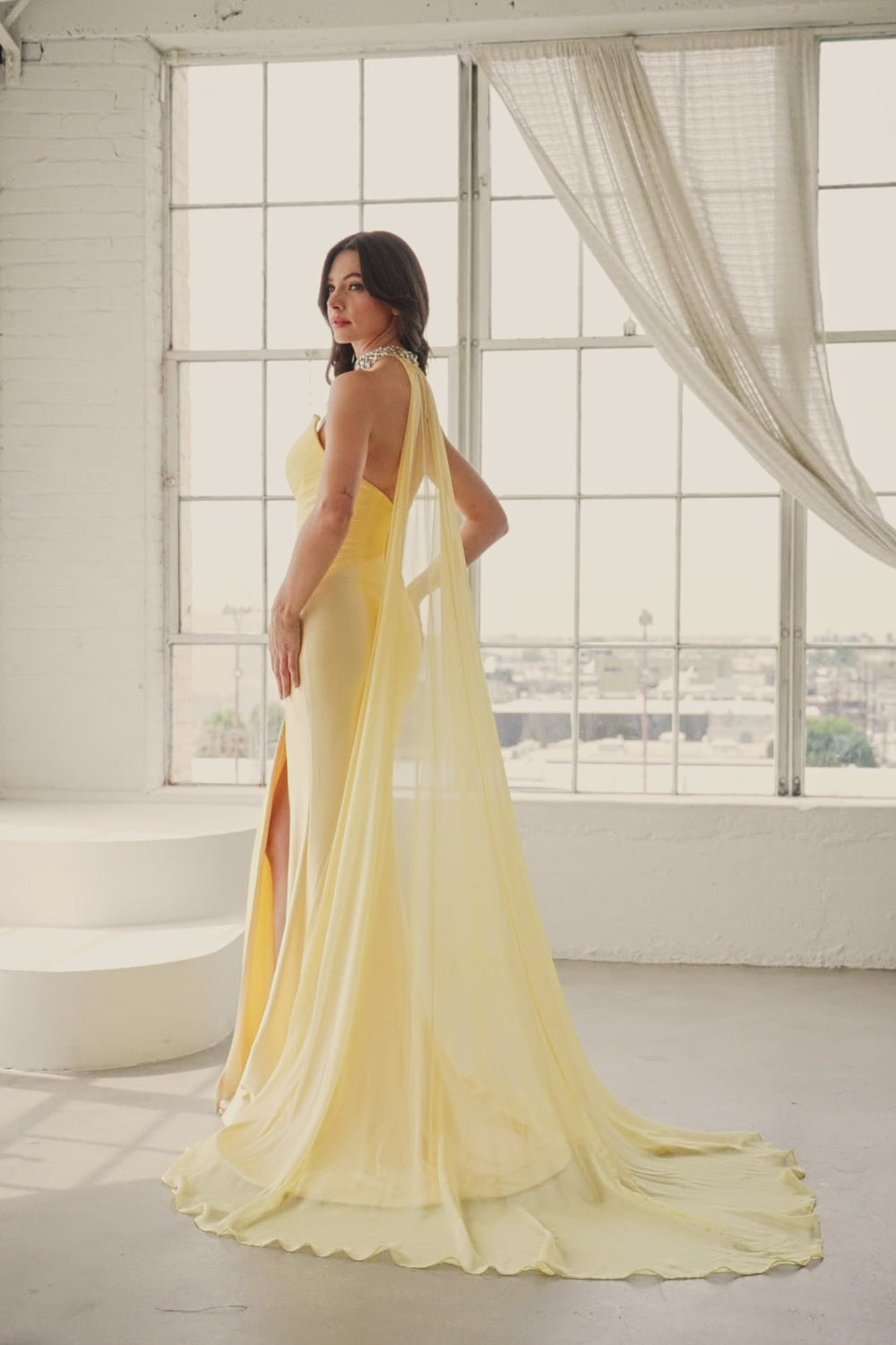 8055-LF | Strapless V Neck Jewel Neckband Drape Satin Dress
