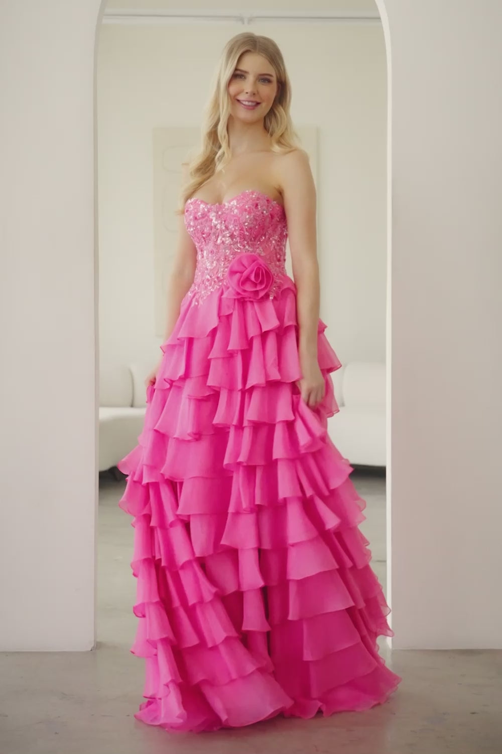 7087-LA-RUFFLE | Strapless Bead Work Sweetheart Top A Line Dress