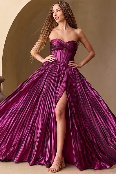 Strapless Accordion Pleat Metallic ...