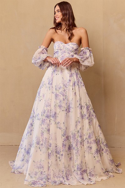 Strapless Watercolor Floral Print D...