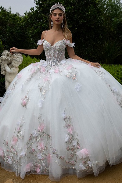 Off Shoulder 3D Floral Applique Qui...