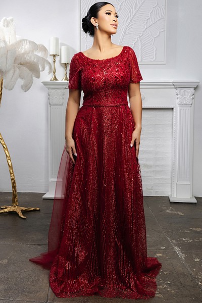 Boat Neckline Half Sleeve A Line Gl...