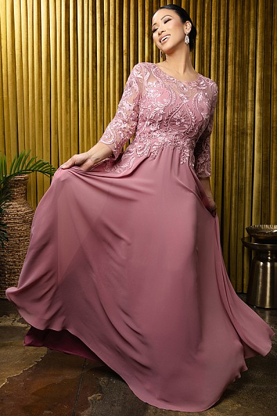 3 Quarter Sleeve Jewel Neckline Emb...
