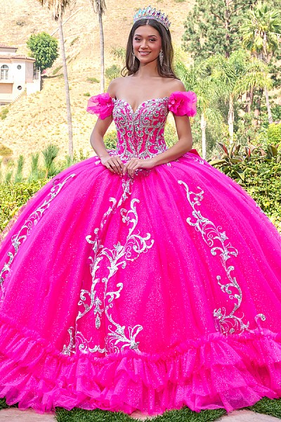 Off Shoulder Puff Sleeve Applique Q...