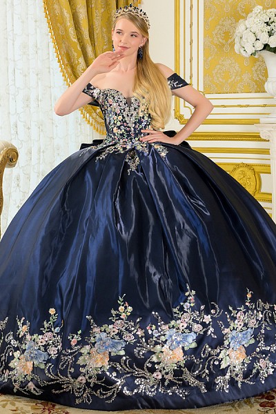 Off Shoulder Floral Embroidery Quin...