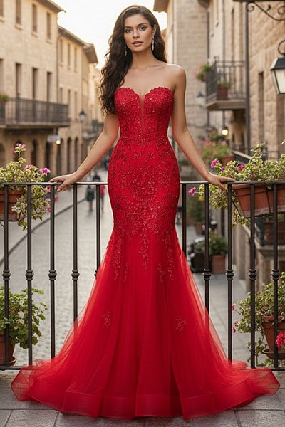 Strapless Embroidered Tulle Mermaid...